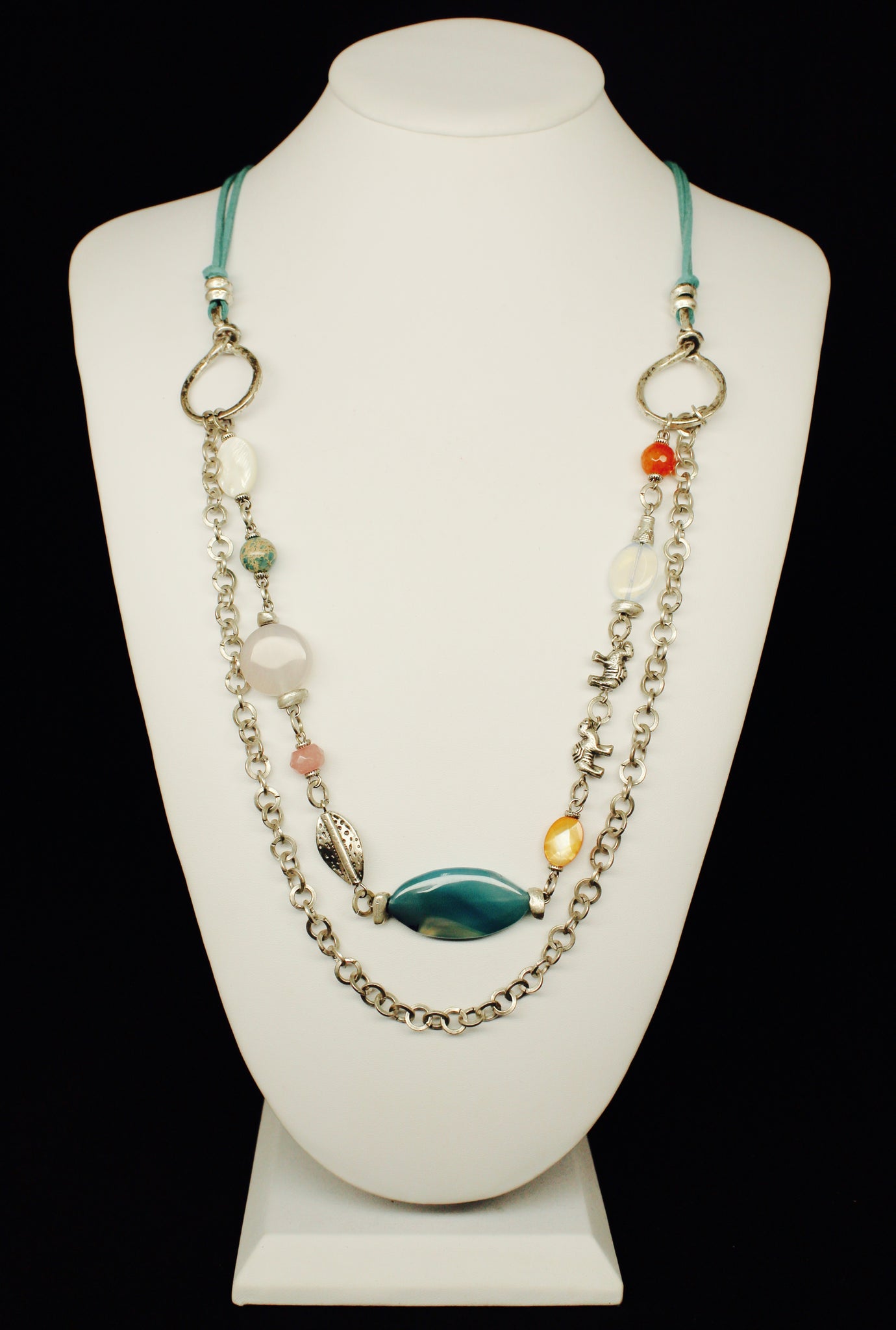 LEATHER CHAIN LAYERING ZAMAC WITH AGATA STONES NECKLACE