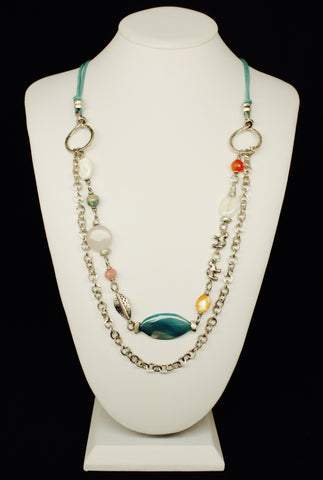 LEATHER CHAIN LAYERING ZAMAC WITH AGATA STONES NECKLACE