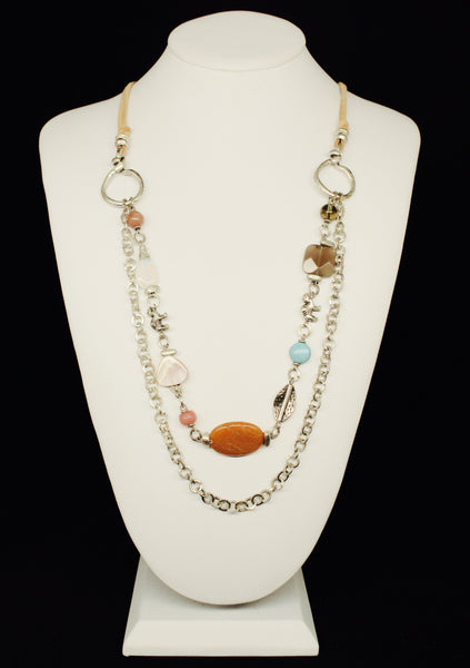 LEATHER CHAIN LAYERING ZAMAC WITH AGATA STONES NECKLACE